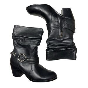 HARLEY DAVIDSON Solstice Heeled Boots Ruched Black Leather Buckles 9.5 Womens